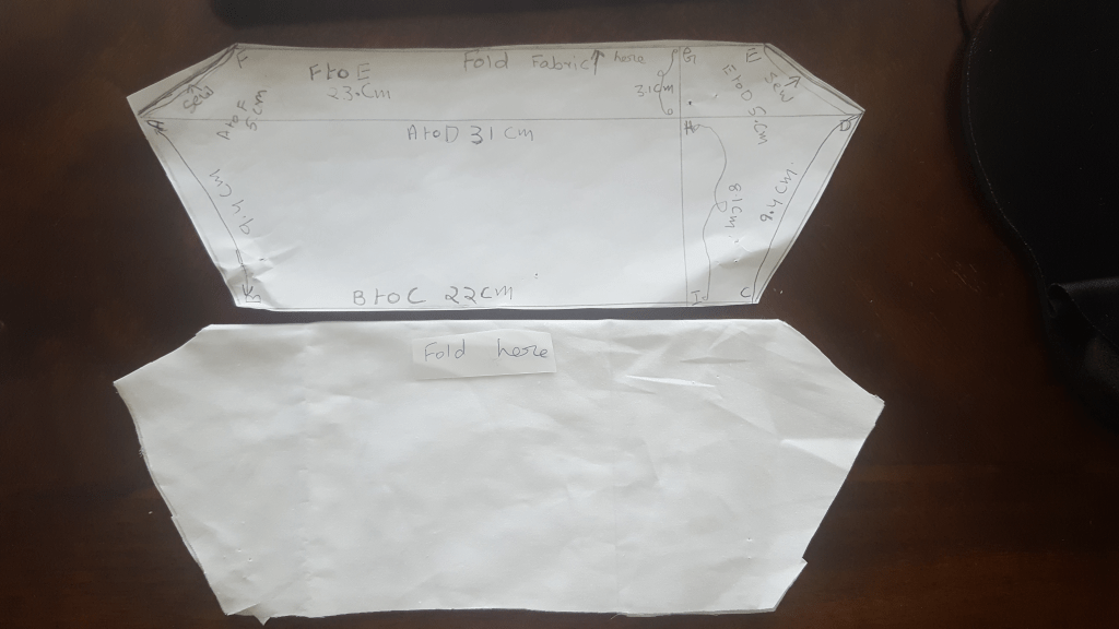 After folding the fabric F to E cut the fabric according to the pattern