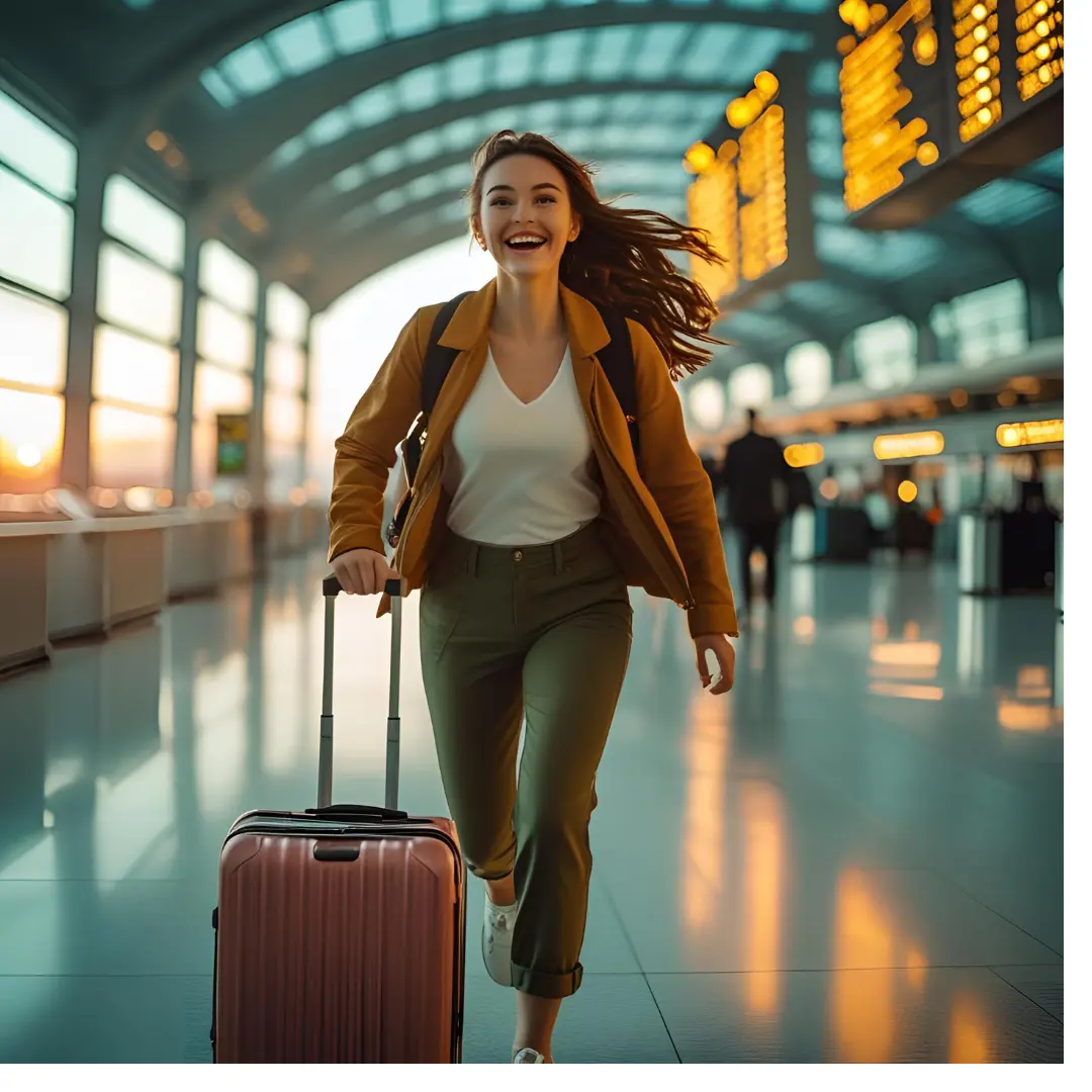 Smiling woman with a suitcase rushing through a bright airport terminal at sunset, representing last-minute travel planning and spontaneous getaways.