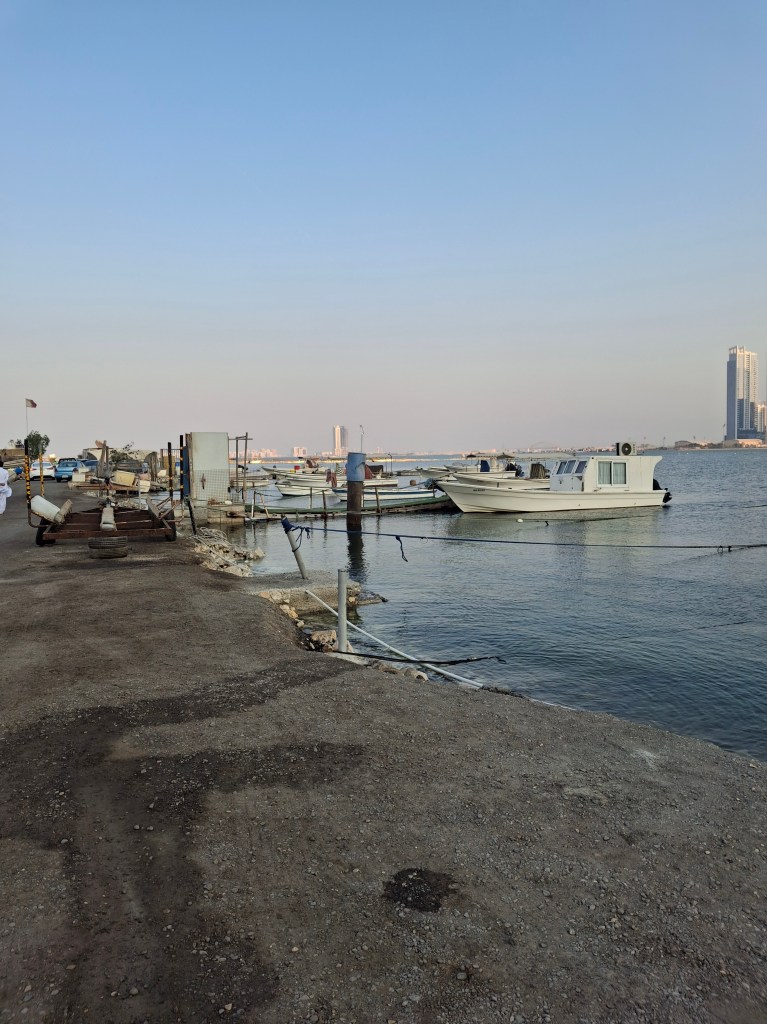 A view of a calm waterfront in Bahrain with several boats docked by a gravel path, and a tall building visible in the background under a clear sky.