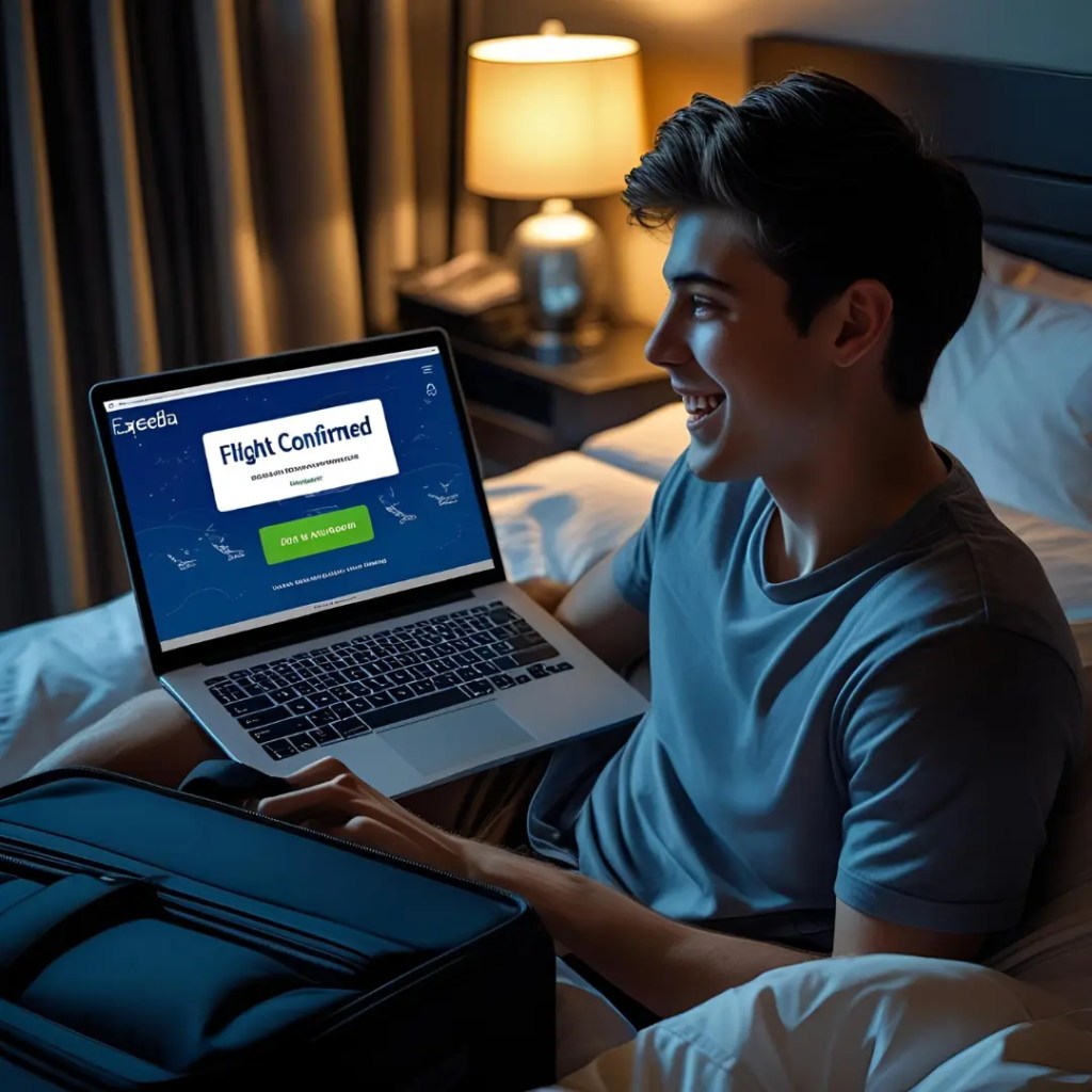 Smiling young man on hotel bed confirming a last-minute flight booking on his laptop with luggage beside him, representing spontaneous travel.