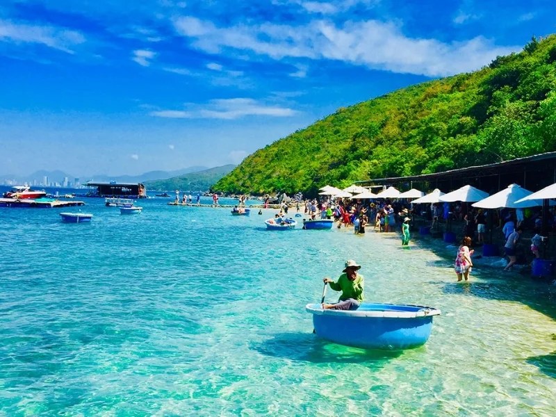Crystal-clear waters, sun umbrellas, and soft sands at Nha Trang Beach in Vietnam