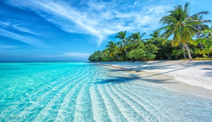Sandy beach with palm trees and clear blue sea at Nha Trang, Vietnam