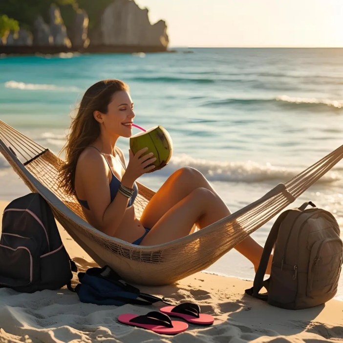 Woman relaxing in a hammock on a tropical beach at sunset, drinking from a coconut, with backpacks and flip-flops on the sand, representing carefree solo travel.