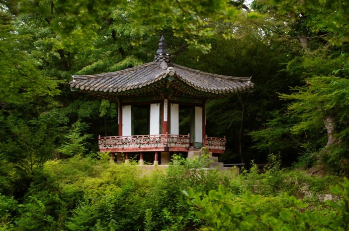 A traditional Korean pavilion nestled among lush greenery, showcasing intricate architectural details and a serene atmosphere.