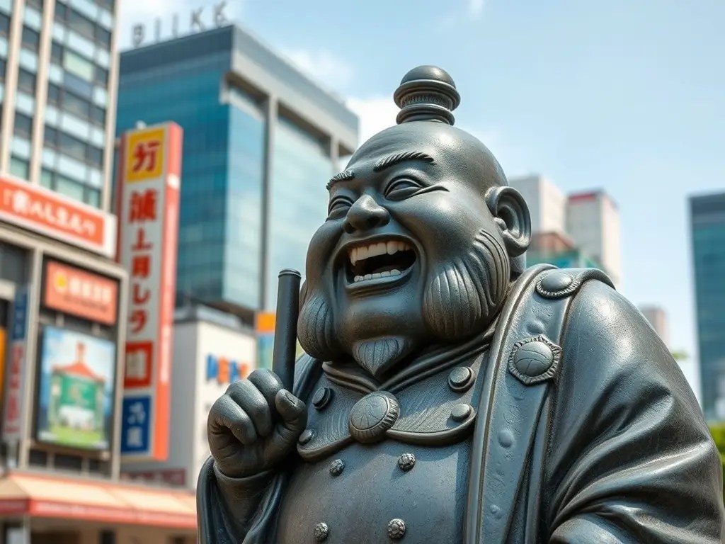 A smiling bronze statue of a deity in an urban setting, surrounded by modern buildings and colorful signs.