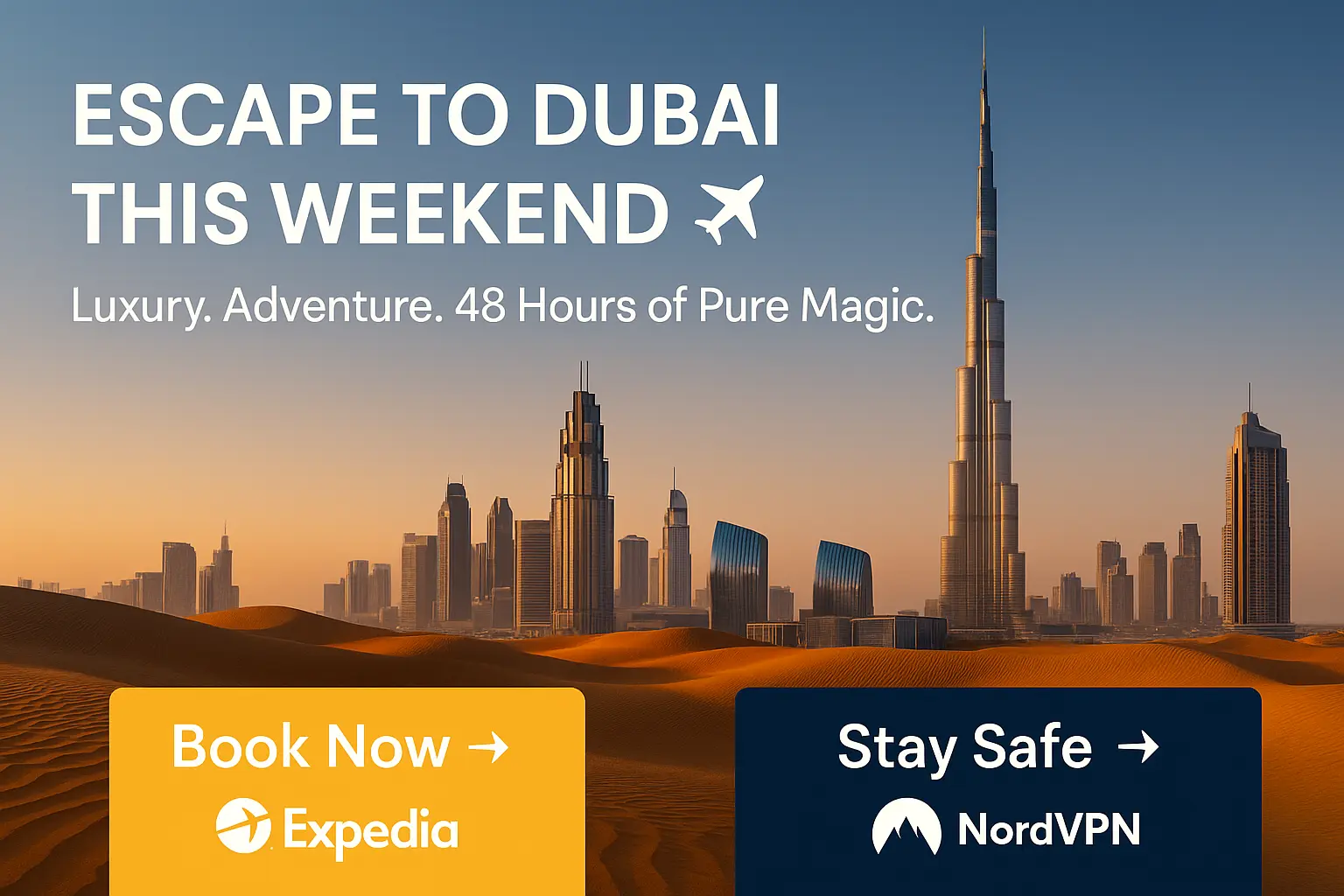 Scenic Dubai cityscape at sunset with Burj Khalifa and sand dunes, promoting weekend travel with Expedia and online safety with NordVPN.