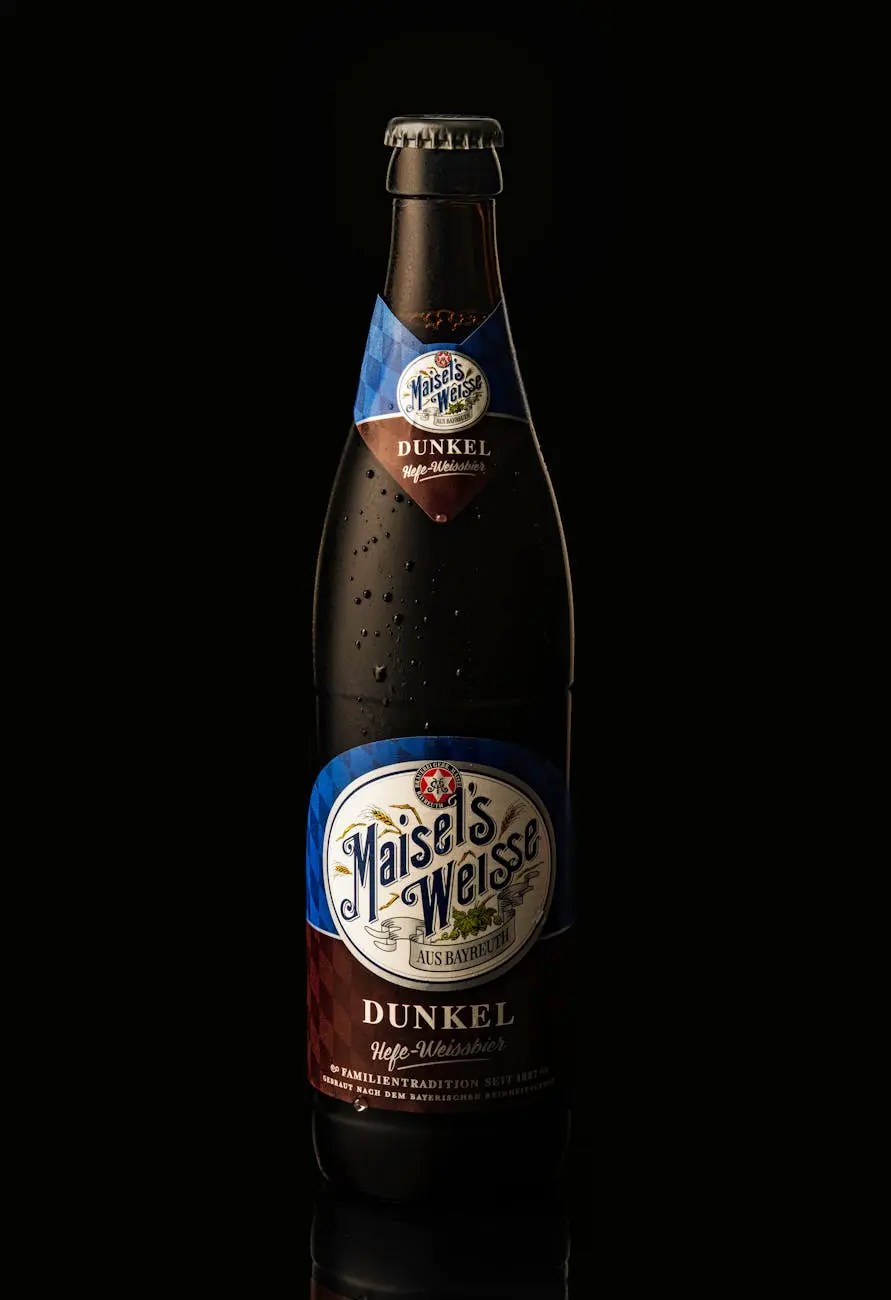 A bottle of Maisel's Weisse Dunkel Hefe-Weißbier set against a dark background, showcasing its distinctive label and condensation on the glass.