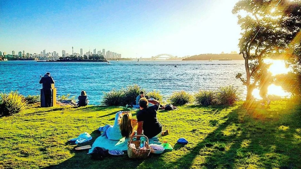 A serene view of Sydney Harbour during sunset, featuring people relaxing on the grass, a picnic setup, and the Sydney skyline in the background with the iconic Sydney Opera House visible.