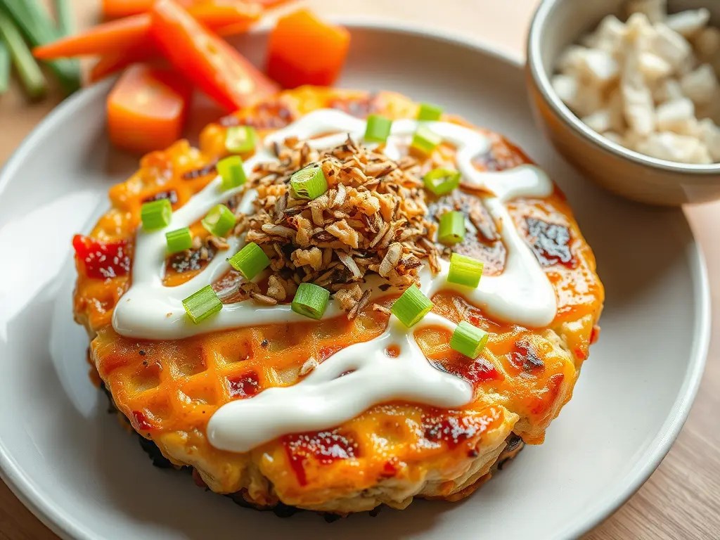 A colorful plate of okonomiyaki topped with green onions, mayonnaise, and crispy bits, served with carrots and a bowl of toppings on the side.
