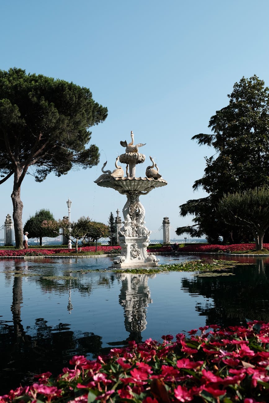 A decorative fountain with swan sculptures surrounded by vibrant flowers and a serene lake under a clear blue sky in a park.