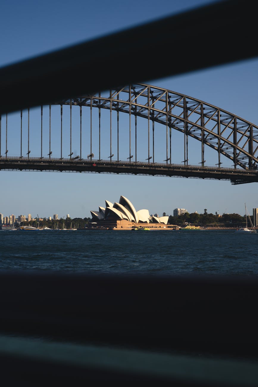 View of the Sydney Opera House and Sydney Harbour Bridge against a clear blue sky, framed by a railing.
