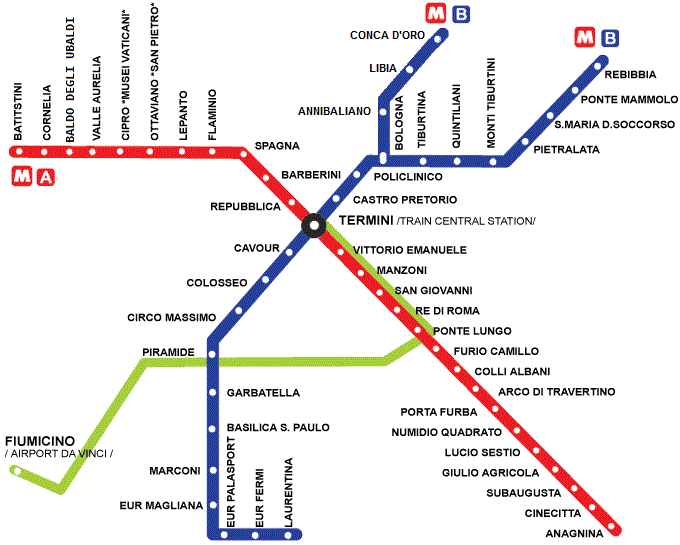 Map of the Rome metro system, illustrating the connections and stations of lines A, B, and the light green line to Fiumicino Airport.