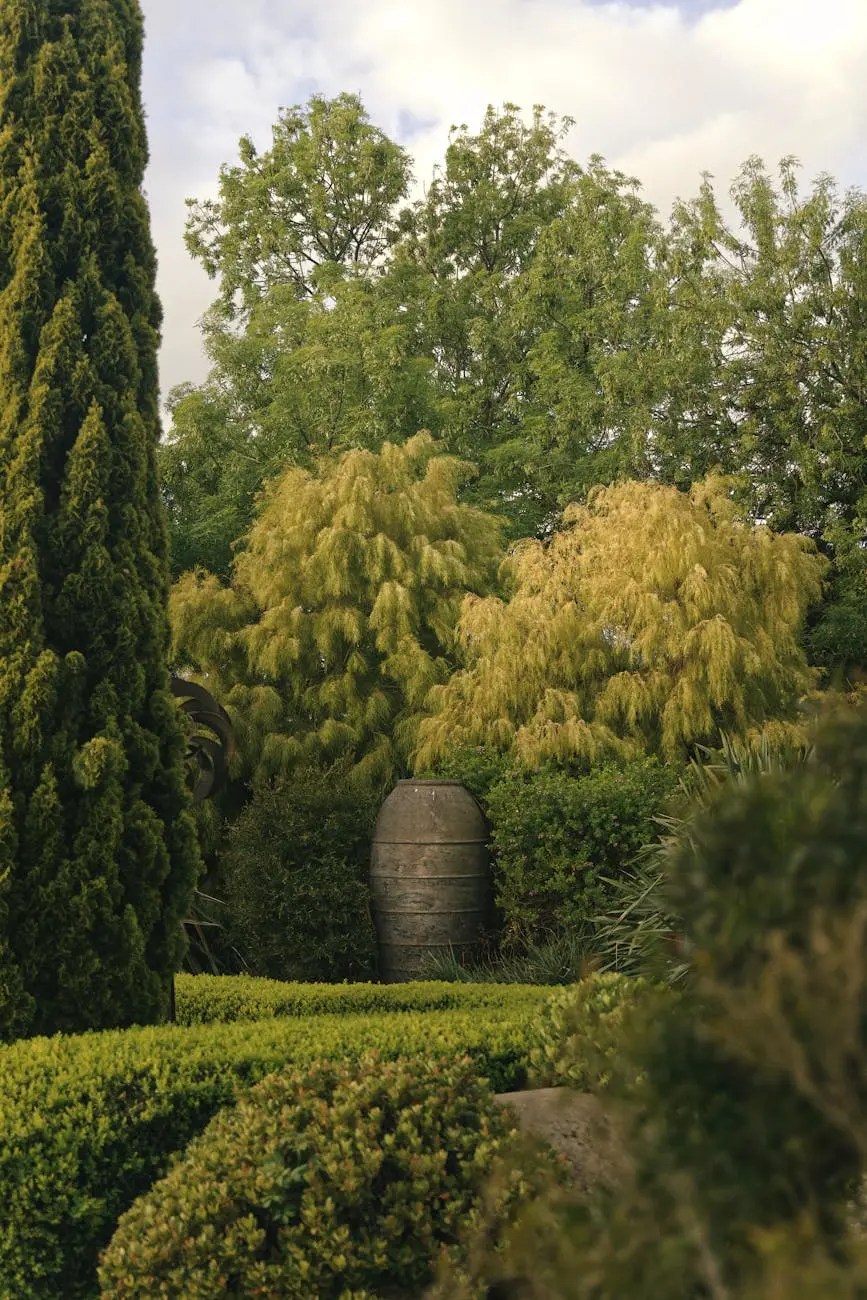 A peaceful garden scene featuring various shrubs and trees, including a tall conifer and bushy yellow foliage, with a stone barrel partially visible among the greenery.