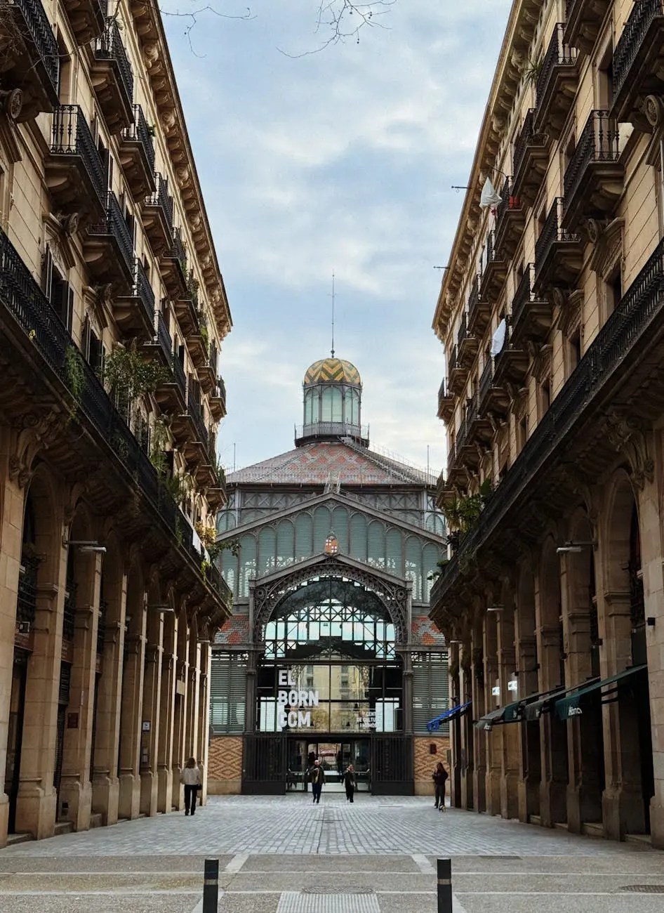 View of El Born cultural center, framed by historic buildings in Barcelona, showcasing a mix of modern and classical architectural styles.