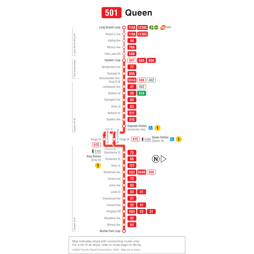 Map of the 501 Queen streetcar route in Toronto, Canada, including stops and connections.