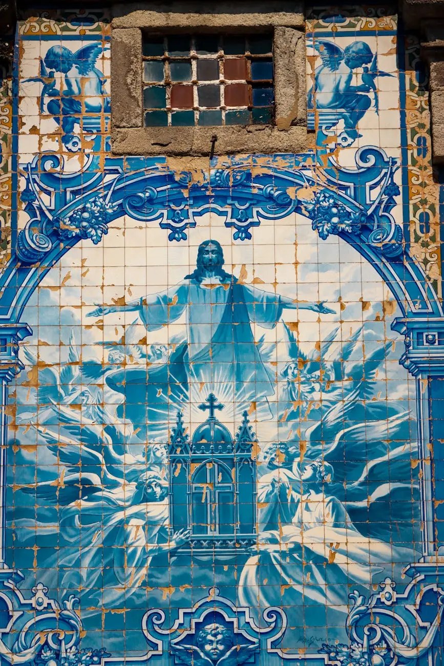 A detailed blue and white azulejo tile mural depicting a religious scene with Jesus Christ at the center, surrounded by angels and ornate designs.