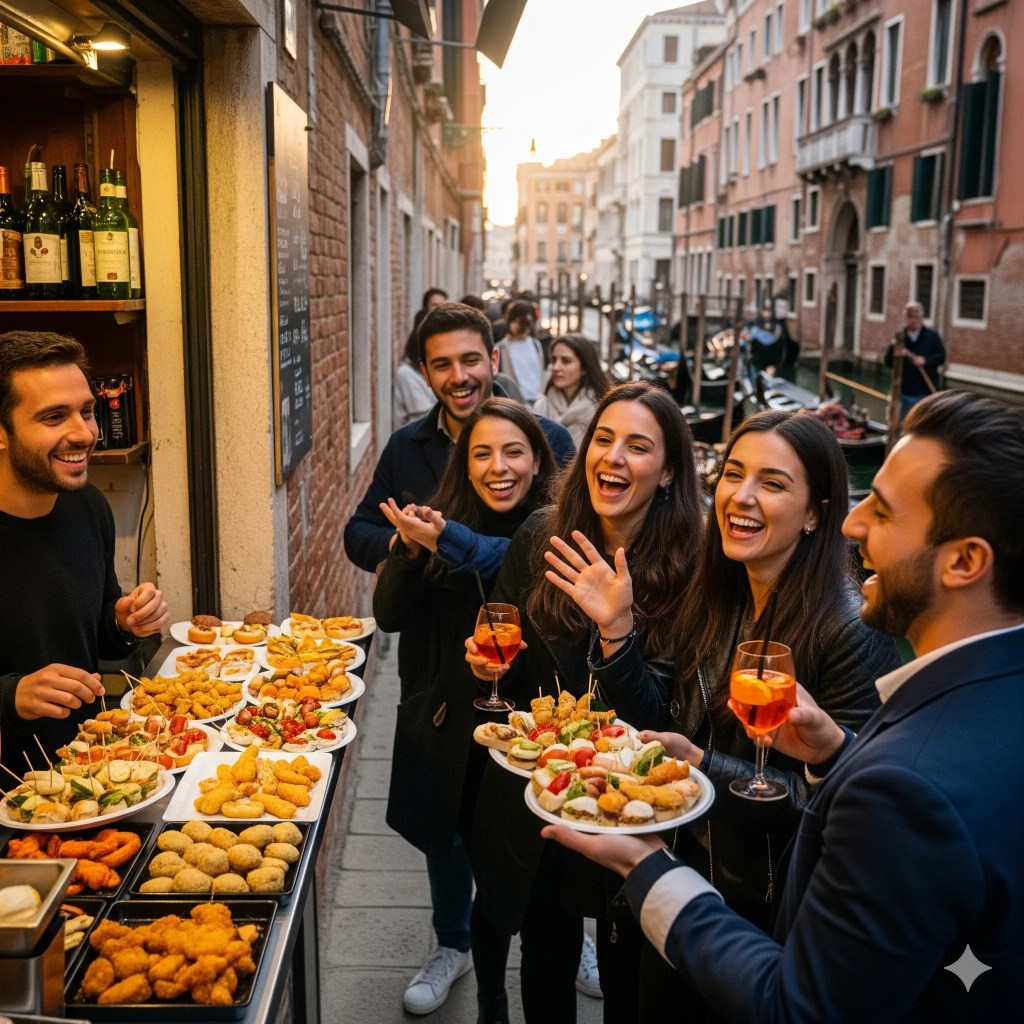 A group of friends enjoying cicchetti and spritz drinks outside a small eatery in Venice, laughing and celebrating the vibrant atmosphere of the city.