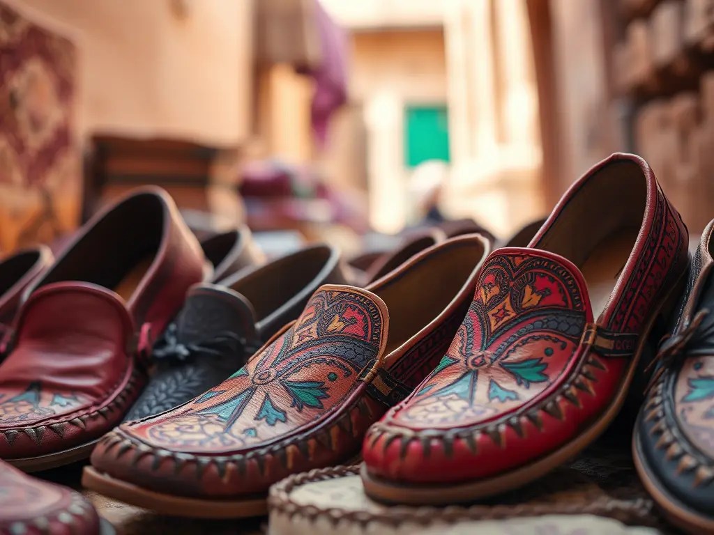 A selection of intricately designed Moroccan leather babouche slippers, showcasing vibrant colors and patterns, displayed in a traditional market setting.