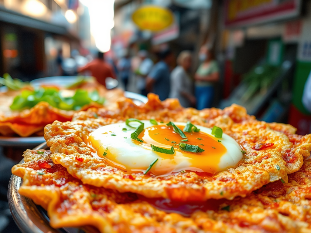 A close-up of crispy street-style pancakes topped with a runny fried egg and garnished with green onions, set against a bustling Shanghai street background.