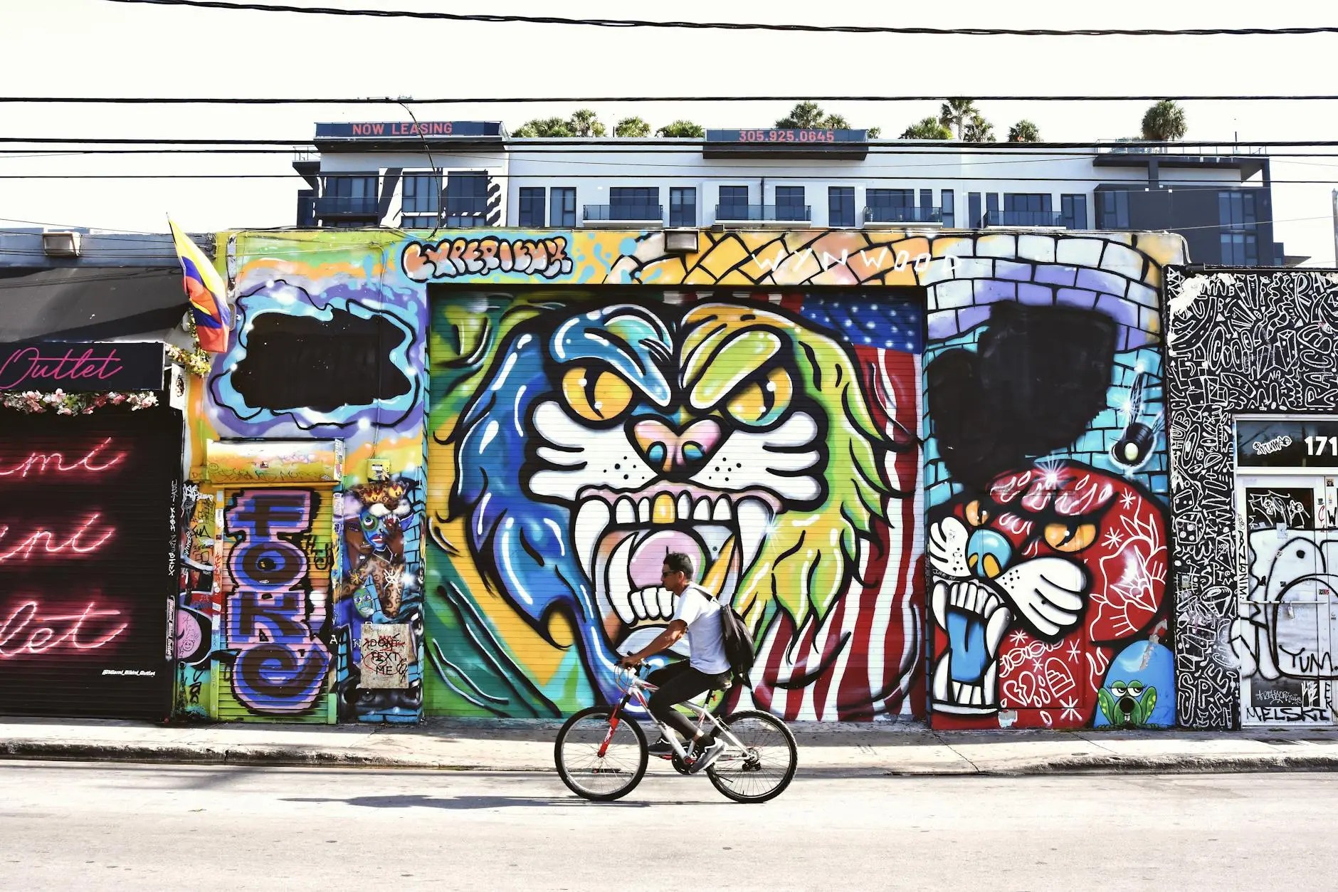 A person riding a bicycle in front of colorful street art featuring a lion and various graffiti designs on a wall in Wynwood, Miami.
