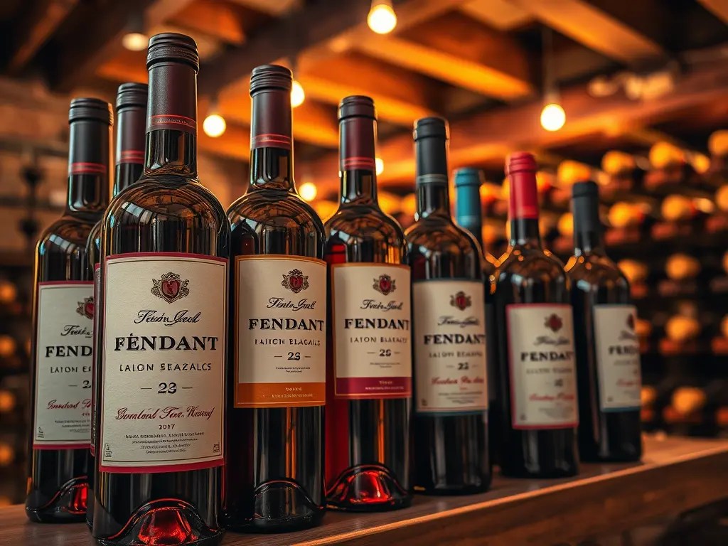A collection of Fendant wine bottles displayed on a wooden shelf, with a softly lit background featuring more wine bottles.