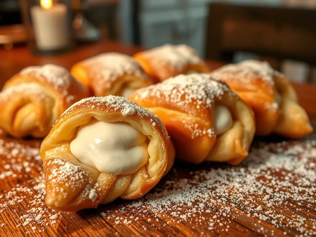 A close-up view of freshly baked pastries filled with creamy filling, dusted with powdered sugar, on a wooden table.
