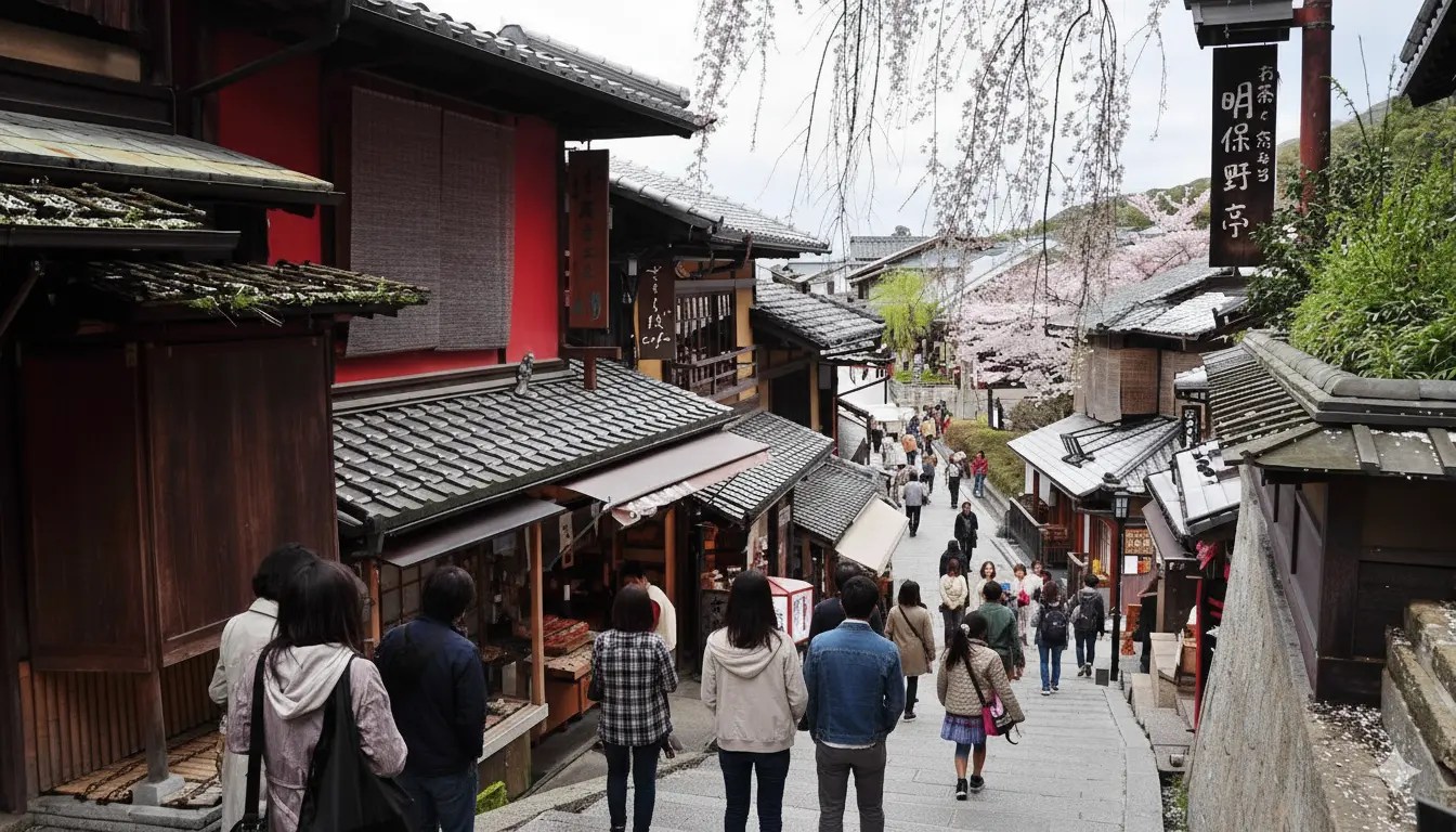 A lively street scene in Kyoto featuring traditional wooden buildings and cherry blossom trees, with a mix of locals and tourists strolling down a cobblestone path.