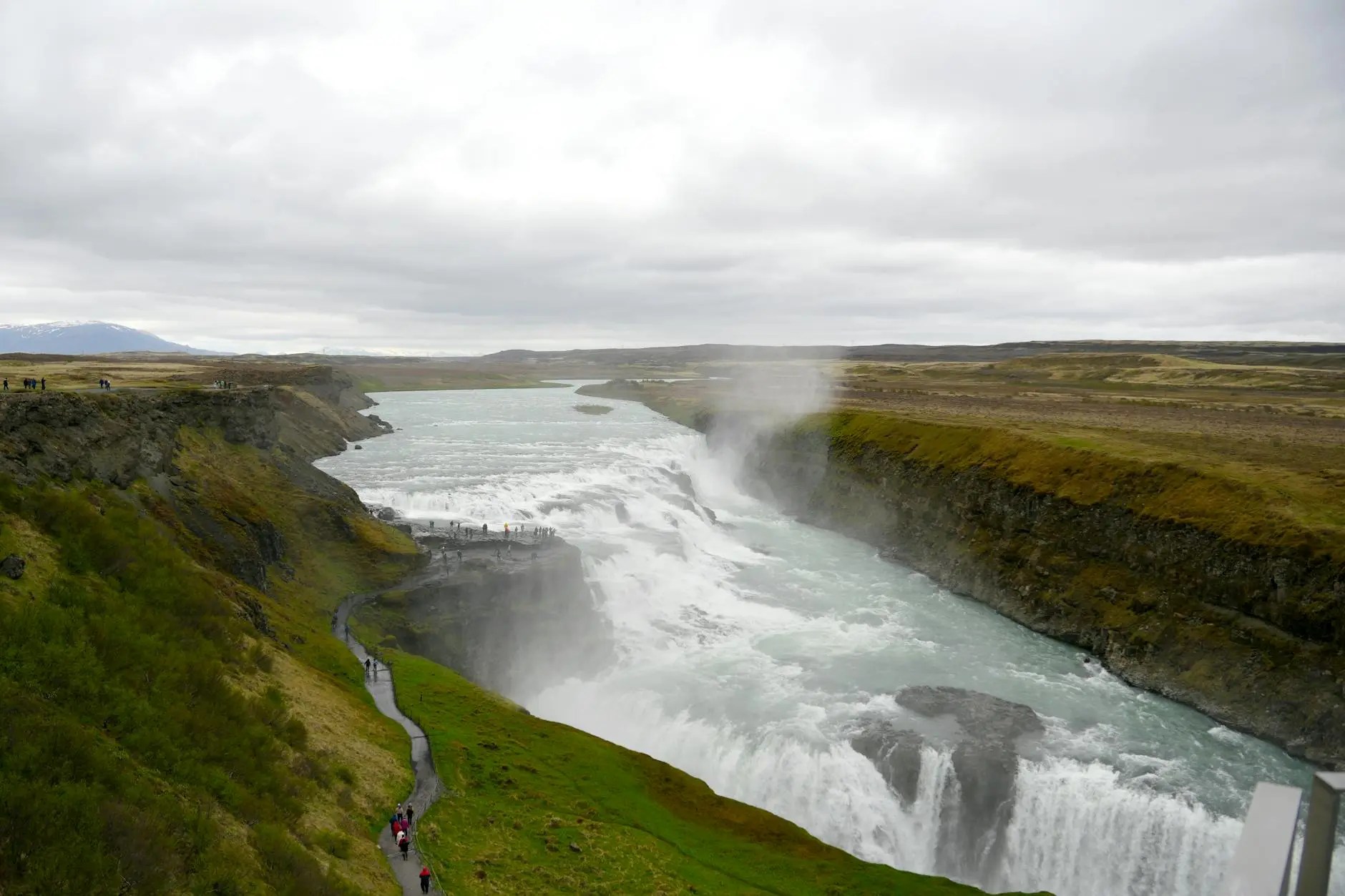 A panoramic view of Gullfoss waterfall in Iceland, showcasing cascading water flowing into a rocky canyon, surrounded by lush green vegetation and a cloudy sky.