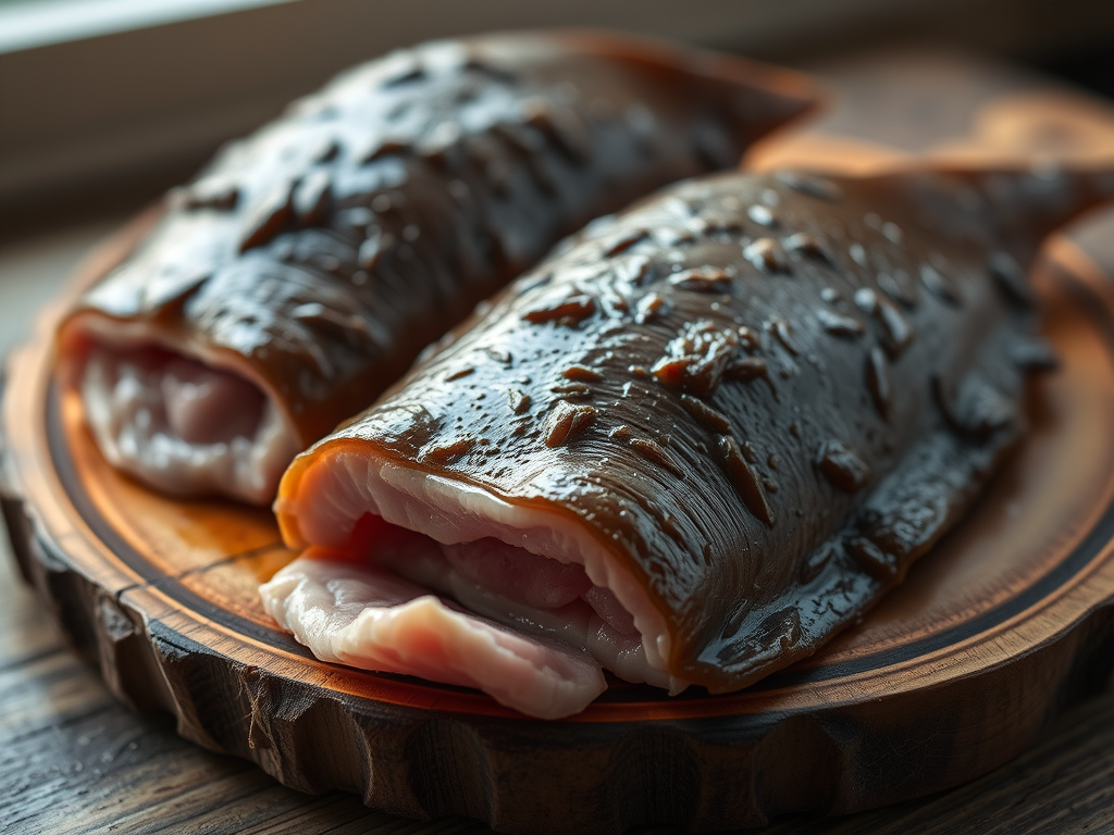 Two pieces of fermented shark meat displayed on a wooden plate, showcasing their unique texture and preparation.