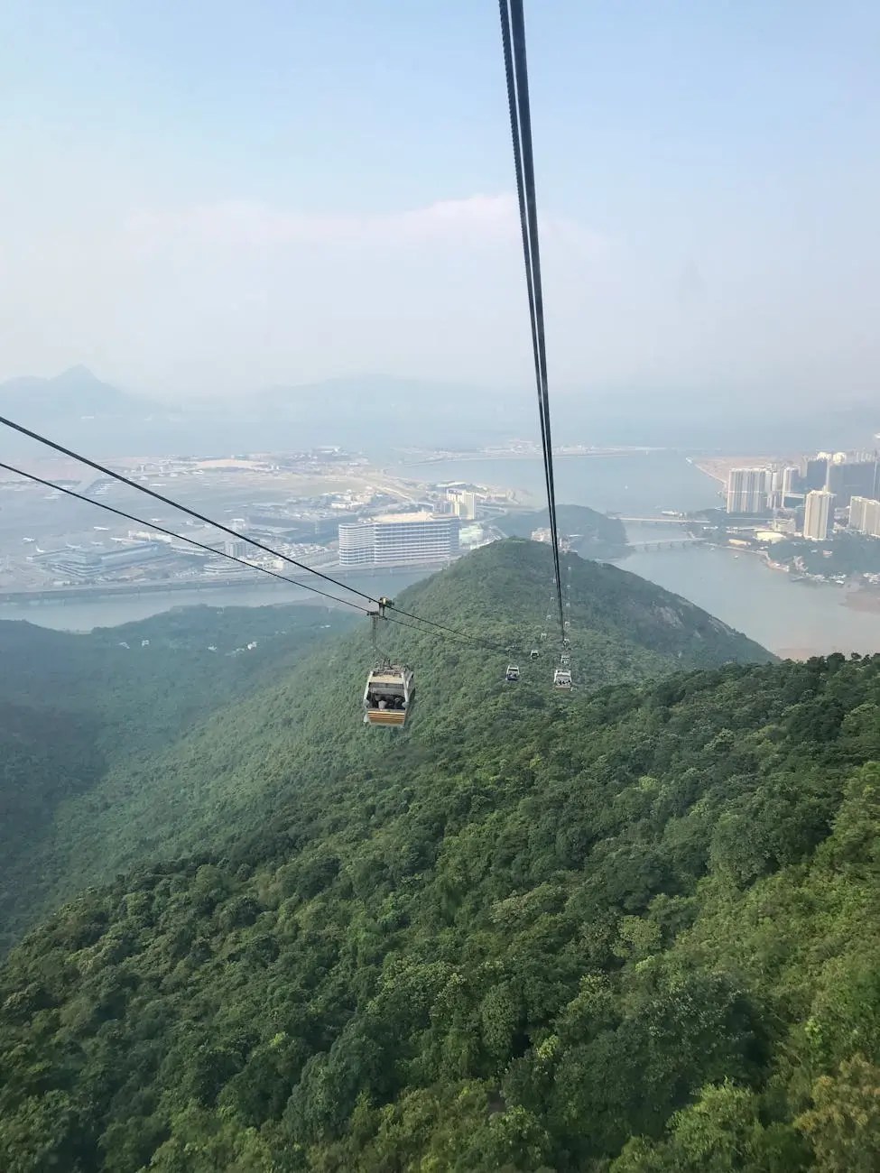 A scenic view from a cable car above lush greenery, overlooking a vast landscape with water bodies and urban developments in the distance, typical of Hong Kong's natural and urban contrast.