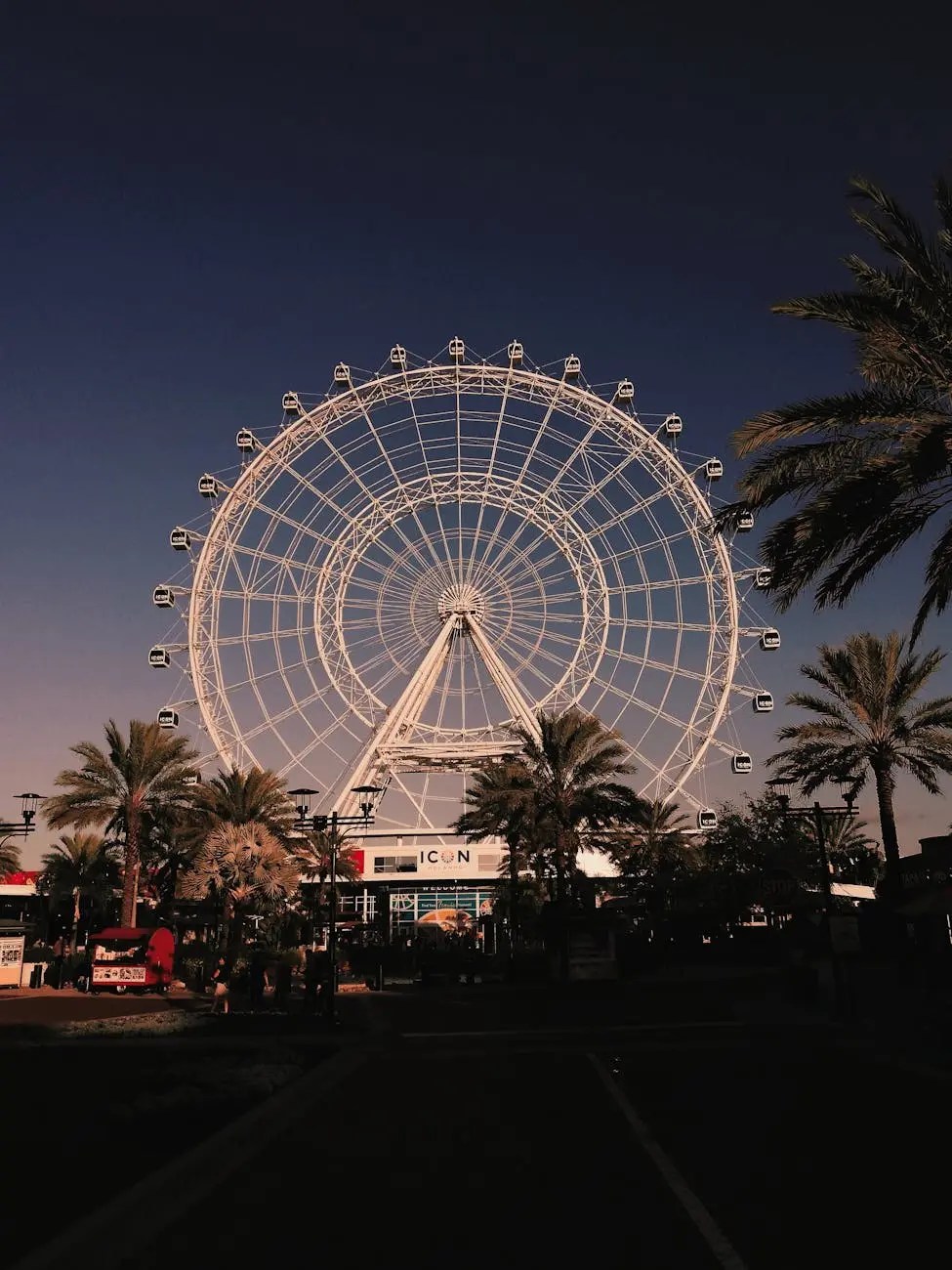 A large, illuminated observation wheel at ICON Park in Orlando, Florida, surrounded by palm trees against a twilight sky.