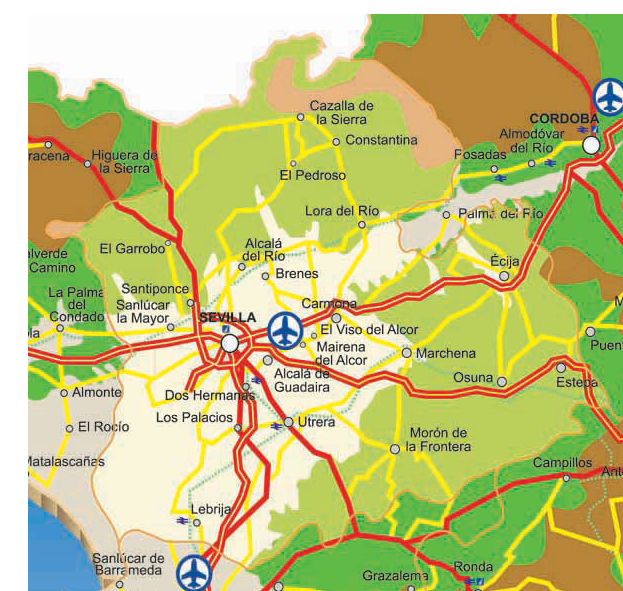 Map showing the geographical layout of Seville and surrounding areas, including major roads and transportation routes.