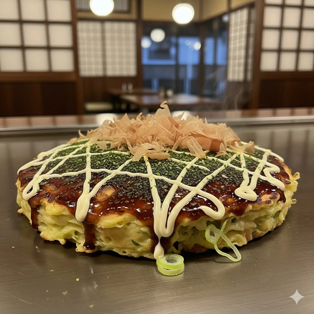 A close-up of a delicious okonomiyaki, a savory Japanese pancake, topped with bonito flakes, mayonnaise, and green seaweed, served in a traditional Japanese restaurant setting.