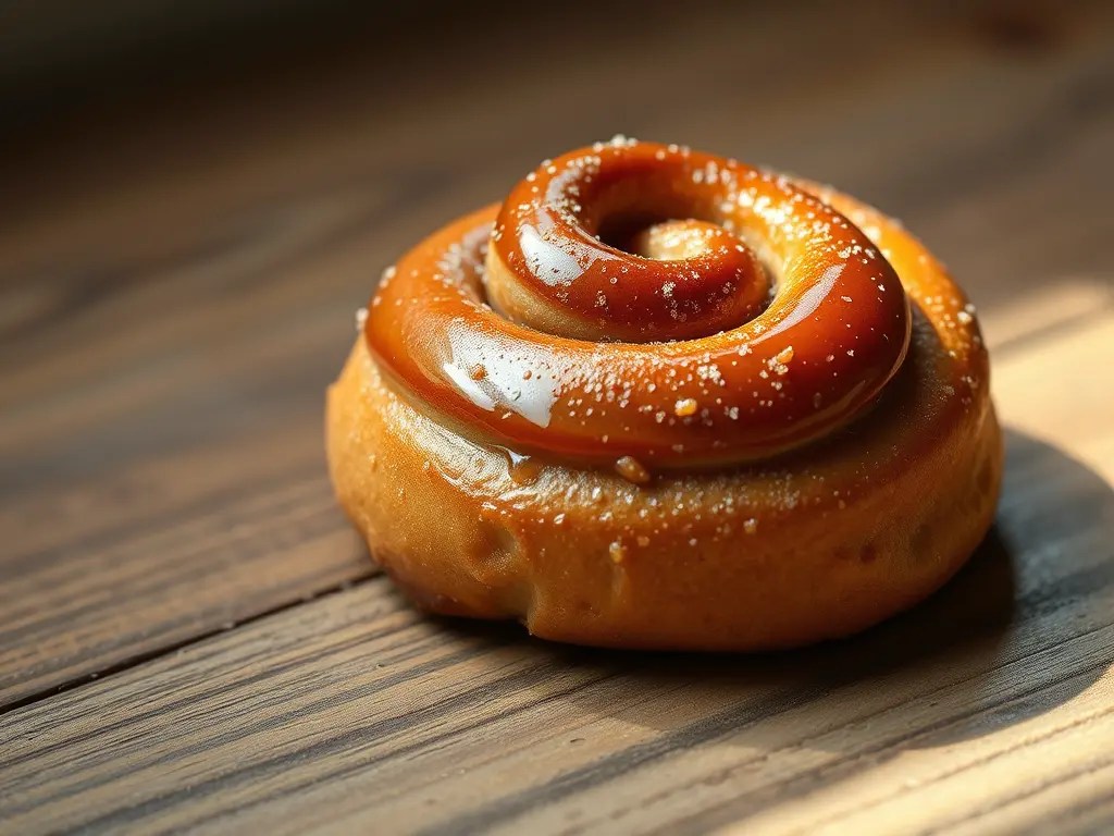 A close-up of a cinnamon bun drizzled with caramel sauce, placed on a wooden surface.
