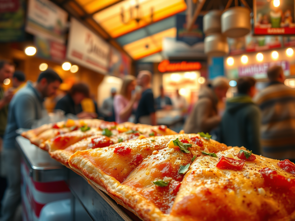 Delicious food offerings displayed at a bustling market, with people engaging in conversation in the background.