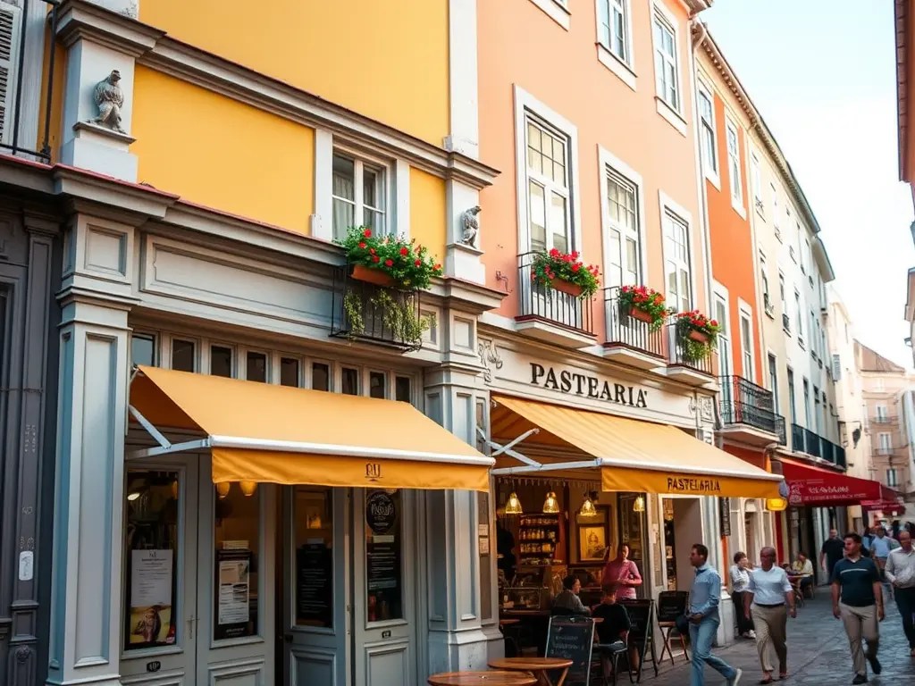 A charming pastelaria with yellow awnings and flower boxes, located on a narrow Lisbon street bustling with pedestrians.
