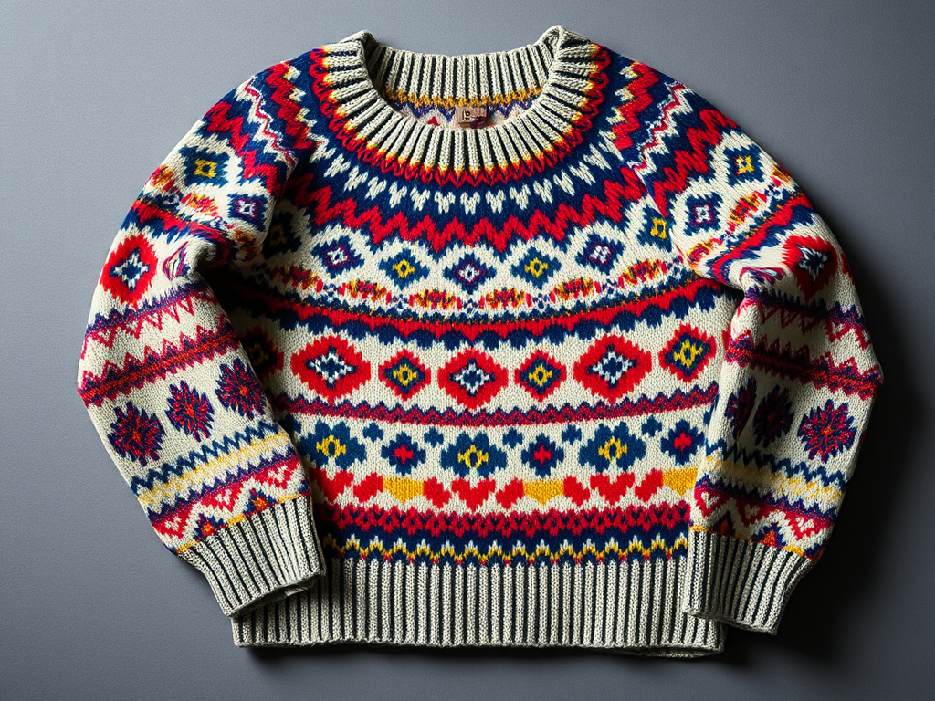A cozy, colorful Icelandic wool sweater featuring traditional patterns in red, blue, yellow, and white.
