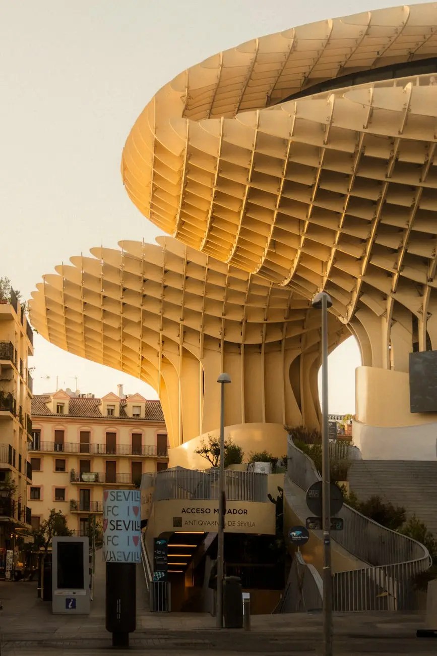 The Metropol Parasol in Seville, showcasing its striking wooden structure illuminated by warm sunlight, with surrounding buildings in the background.