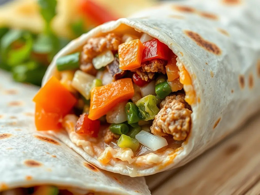 Close-up of a delicious burrito filled with colorful vegetables and meat, wrapped in a soft tortilla.