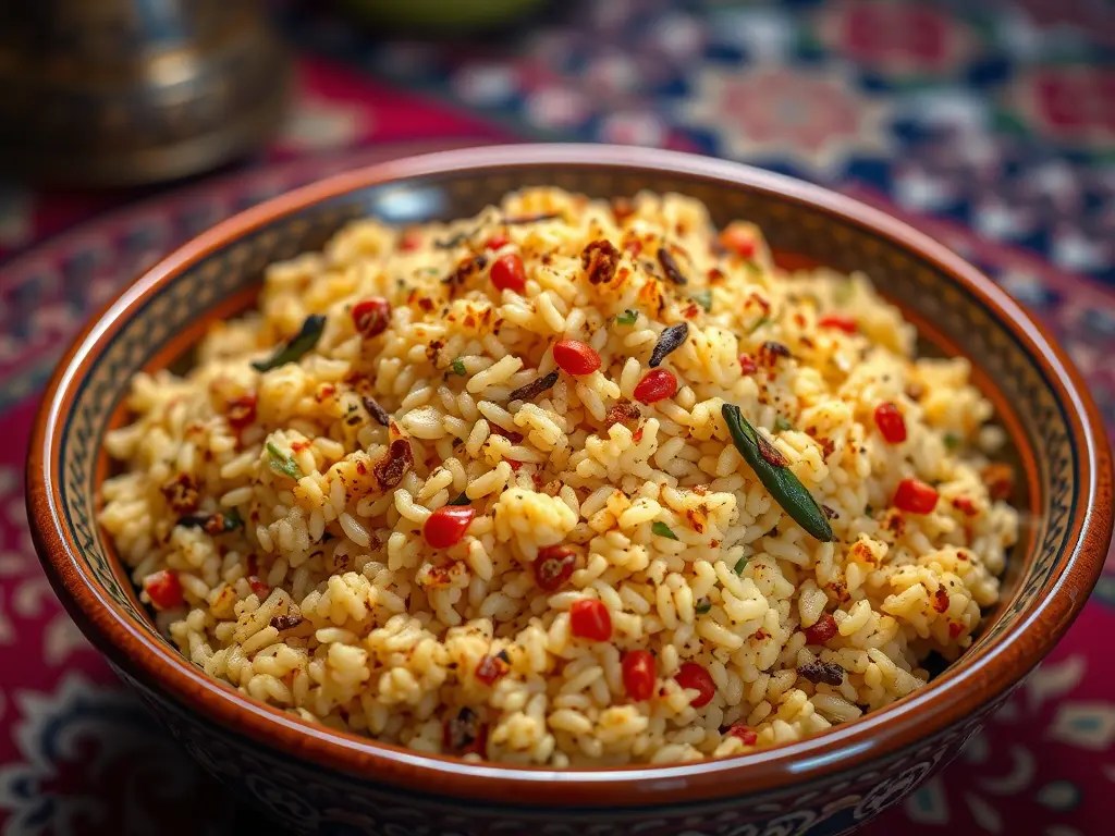 A bowl of vibrant Moroccan rice dish topped with colorful ingredients, set against a richly patterned tablecloth.