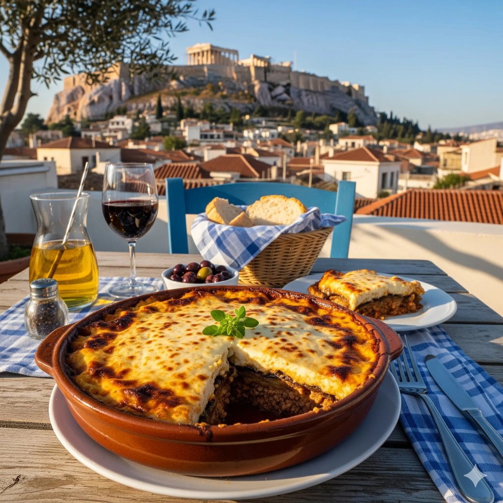 A traditional Greek meal featuring moussaka, olives, and bread, with a glass of red wine and olive oil on a tabletop. In the background, the Acropolis of Athens is visible against a sunset sky.