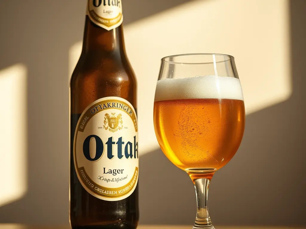 A bottle of Ottakringer Lager beer next to a filled glass on a table, with soft natural light highlighting the drink.