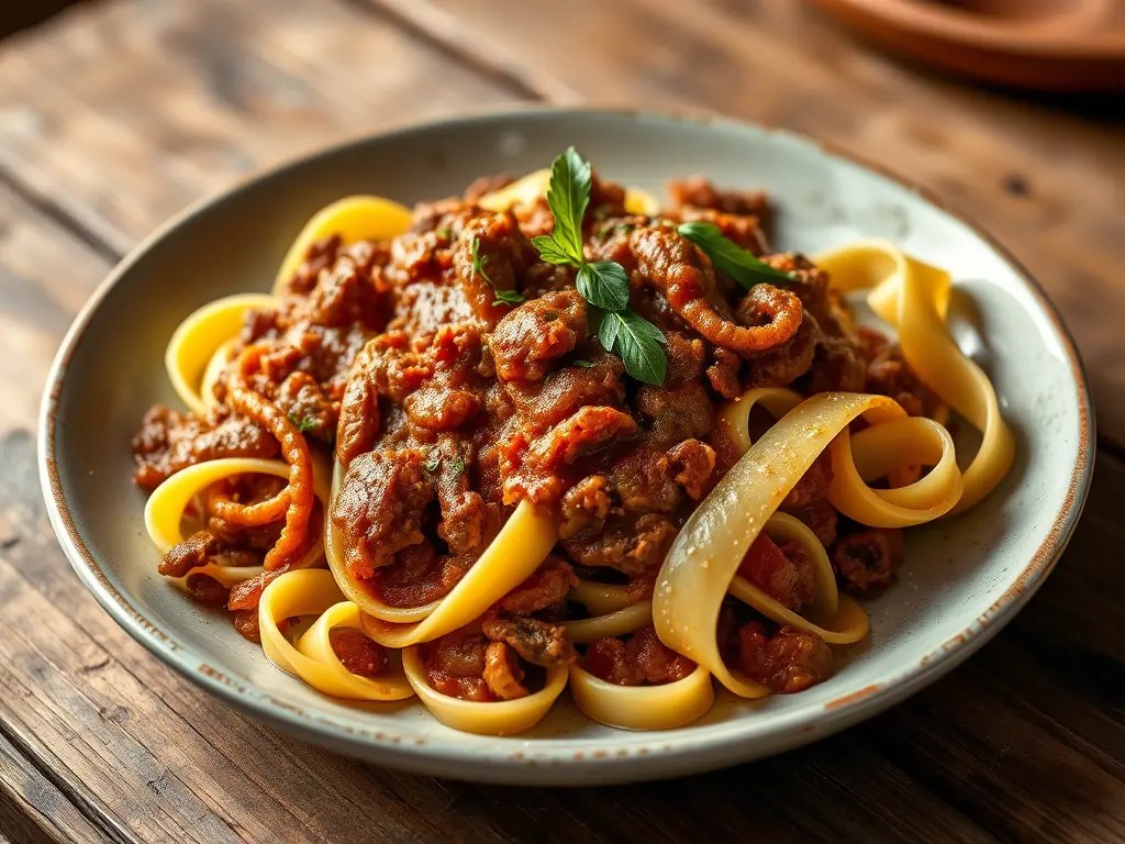 A close-up of a plate of fettuccine pasta topped with a rich meat sauce, garnished with fresh herbs, set on a wooden table.