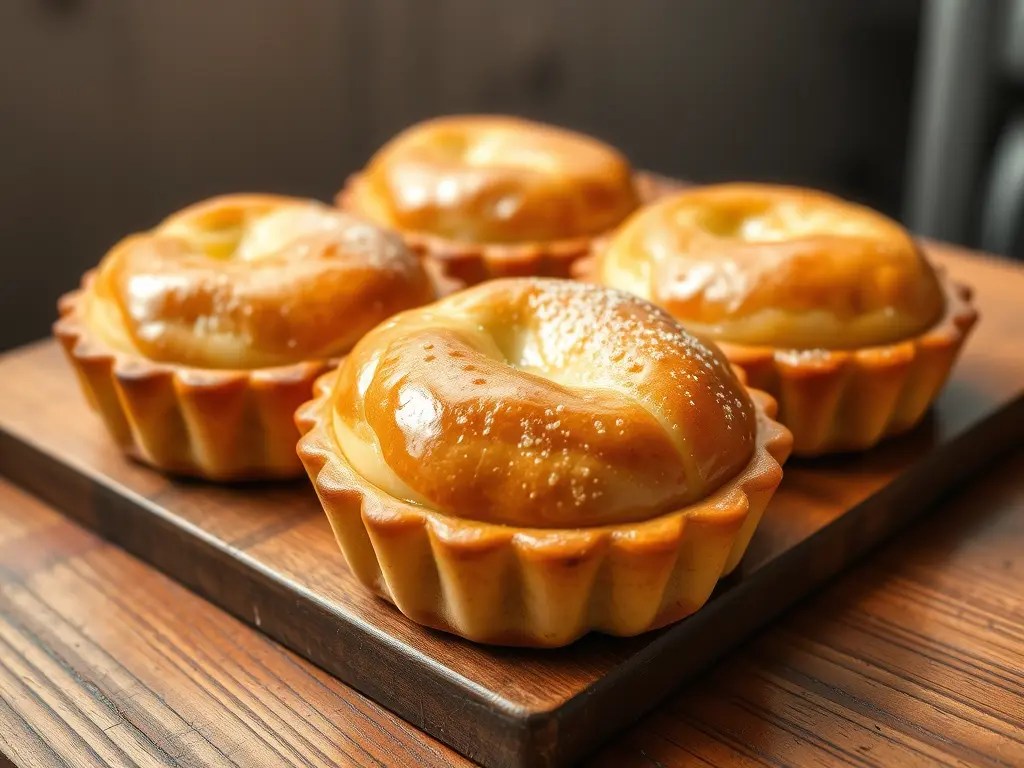 A wooden platter featuring freshly baked pastel de nata, a traditional Portuguese custard tart, showcasing a golden brown crust and creamy filling.