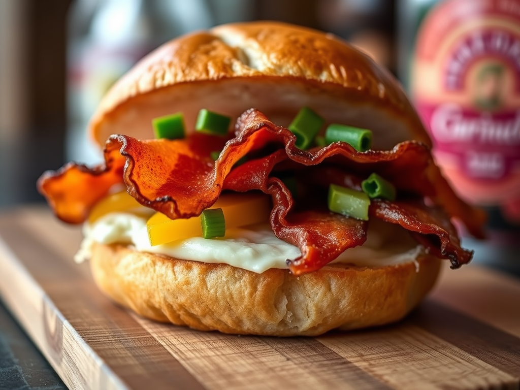 A delicious peameal bacon sandwich with cheese and green onions on a bun, placed on a wooden cutting board.