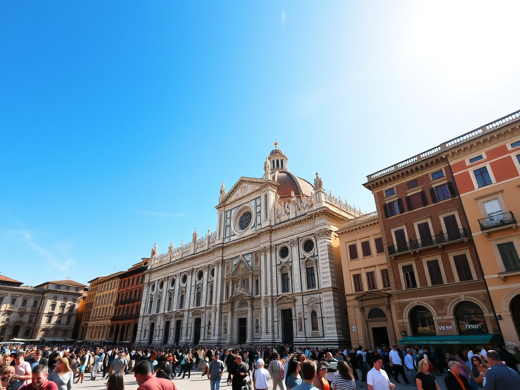 A bustling square in Florence, Italy, featuring the stunning façade of the Basilica di San Lorenzo, with crowds of tourists gathered below against a clear blue sky.