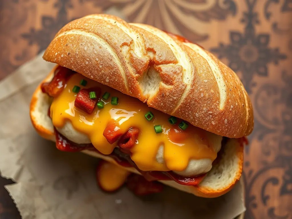 A close-up of a hearty burger featuring a soft bread roll filled with savory toppings, including melted cheese, bacon bits, and garnished with chopped chives.