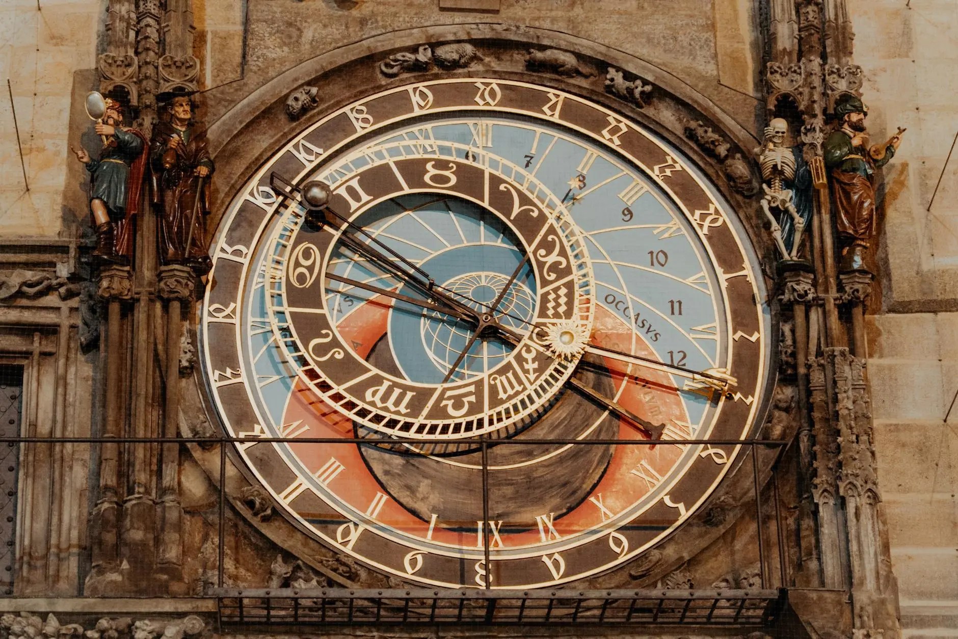 Close-up of the intricate Astronomical Clock in Prague, featuring colorful astronomical details and decorative figures.