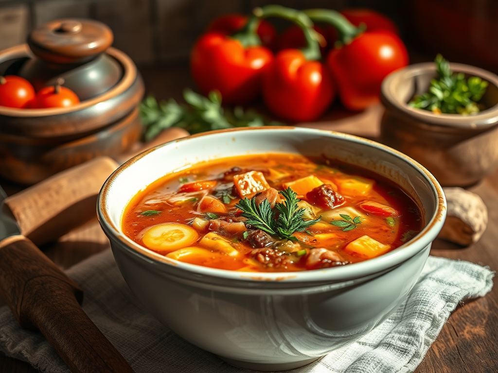 A bowl of hearty vegetable soup garnished with fresh herbs, surrounded by red tomatoes and green peppers, with wooden utensils and a rustic setting.