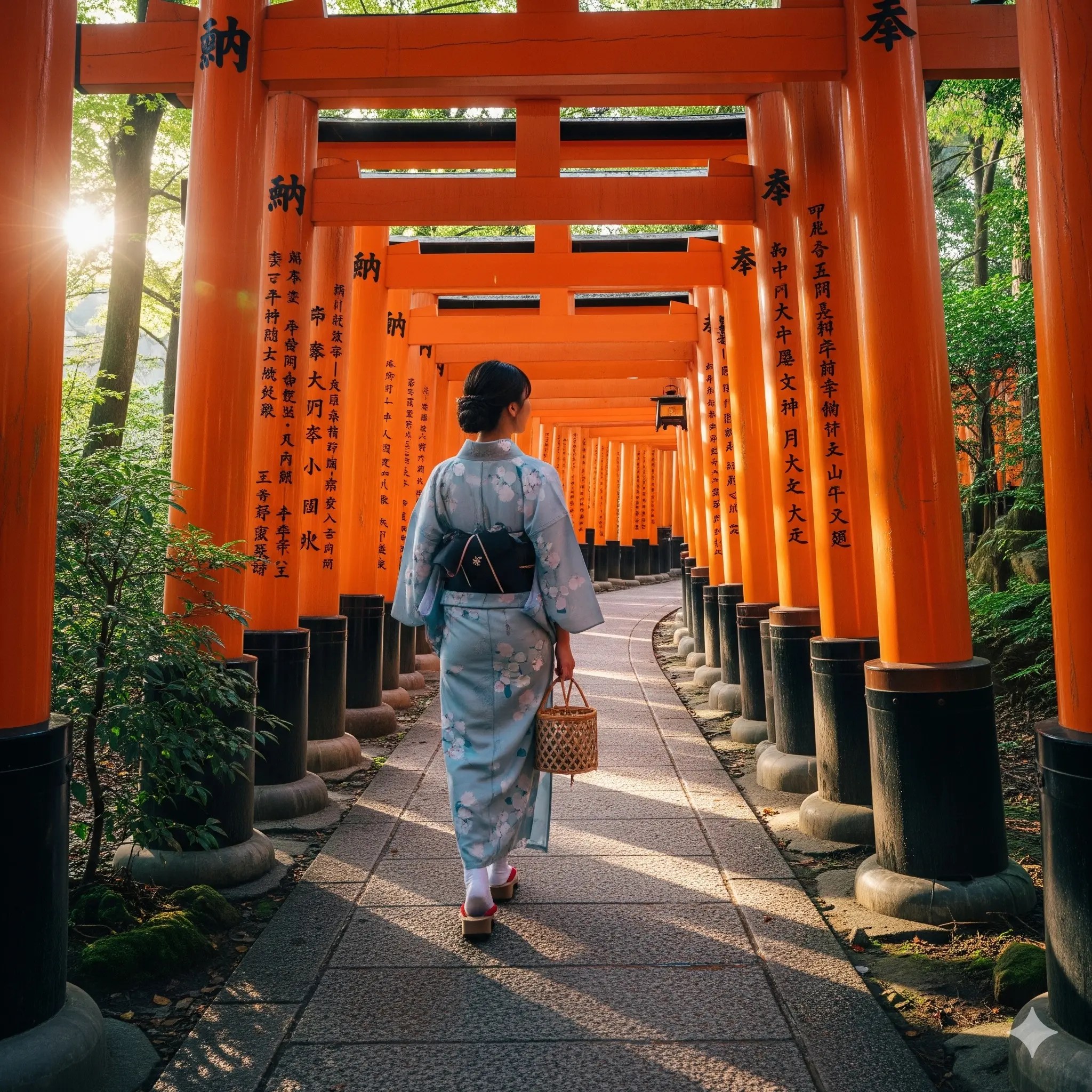 A woman in a traditional kimono walking through the iconic torii gates of Fushimi Inari Taisha in Kyoto, Japan, surrounded by lush greenery and sunlight filtering through the trees.